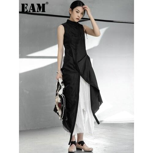 [EAM] Women Black Mesh Irregular Slit Pleated Slim Dress New Lapel Sleeveless Loose Fit Fashion Spring Summer 2021 1DD7728