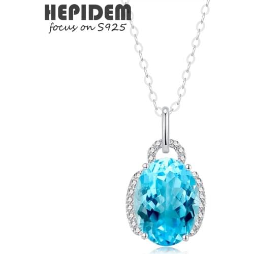 HEPIDEM 100% Topaz 925 Sterling Silver Pendant Necklace Women Blue Big Stone Gem Gemstones S925 Choker Statement with Chain 1639