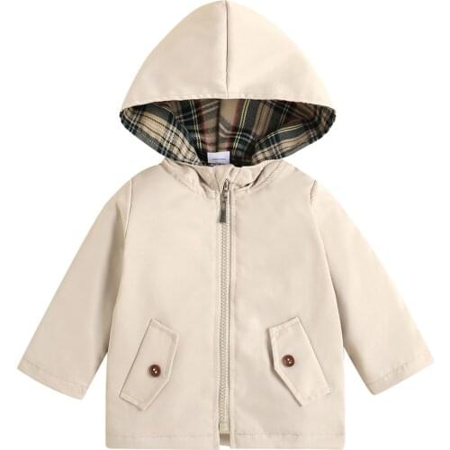 Infant Plaid Hooded Cardigan Baby Long Sleeve Zipper Outerwear with Fake Pockets
