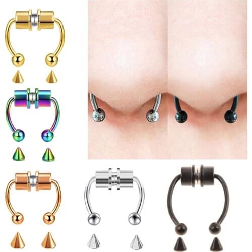 5 Pcs Fake Septum Piercing Magnetic Horseshoe Nose Ring Non Piercing Clip Stainless Steel Reusable Crystal Nose Hoop