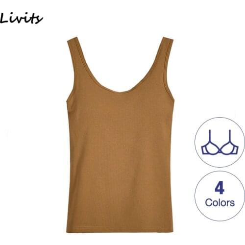 Womens Tank Tops Built-in Bra Bra-Top Elastic Cotton Vest Camisoles Camis Round Neck Sleeveless Sexy Casual Female