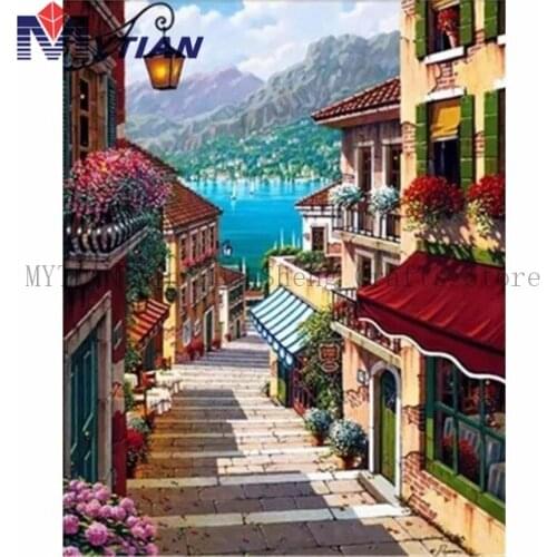 MYTIAN 5D DIY Diamond Painting Lovely Village Street Sceen Diamond Embroudery Mosaic Scenery Crosss Stitch Kits Hobby Home Decor