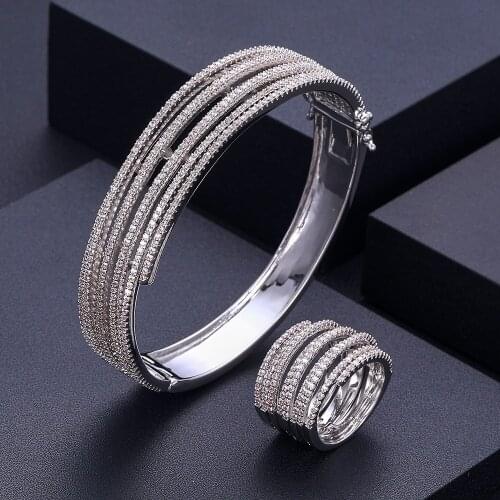 Jankelly luxury Unique African Bangle Ring Set Jewelry Sets For Women Wedding Cubic Zircon Crystal CZ Dubai Bridal Jewelry Set