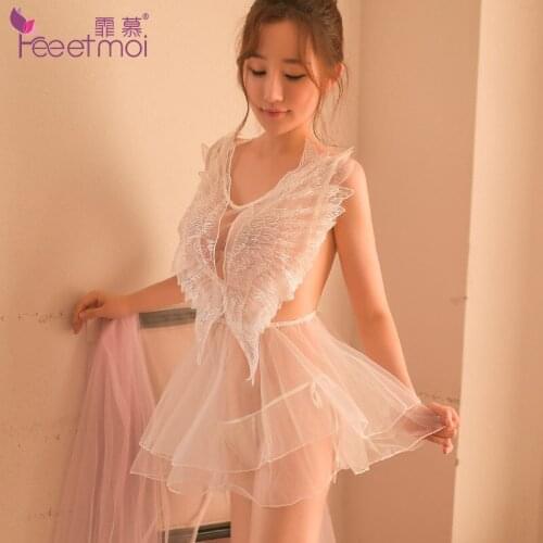 Nightdress lace lingerie set Sexy Erotic Lingerie Mesh Perspective Naked Back Cross Straps Goddess Angel Wings Sexy Pajamas