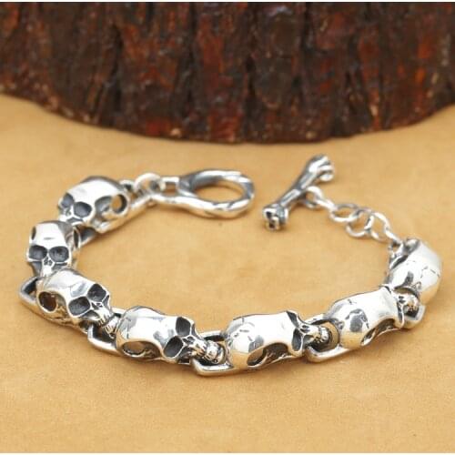 NEW! Handcrafted REAL 925 Silver Skeleton Bracelet Vintage Sterling Silver Skull Head Bracelet Pure Silver Man Bracelet