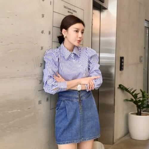 New arrival fashion sets for women summer office lady casual striped loose shirt and mini denim skirt temperament two piece sets