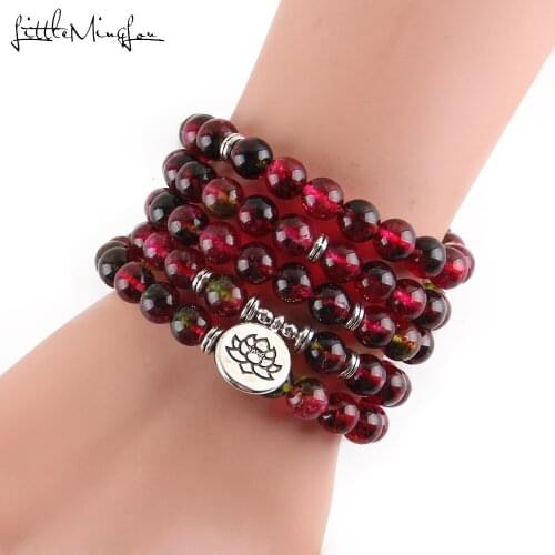 New Womens bracelets bangles Red Fluorite beads with Lotus OM Buddha Charm Yoga Bracelet 108 mala Phantom Crystal necklace