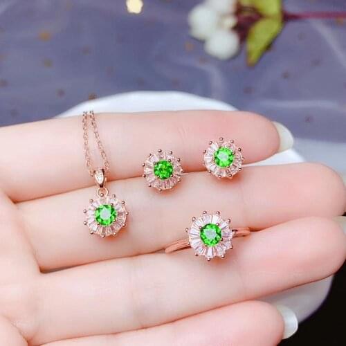 Charming clear green Diopside gemstone ring earrings and necklace jewelry set natural round gem 925 sterling silver girl gift