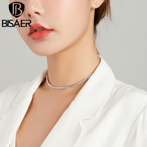 BISAER Collar 925 Sterling Silver Glittering Clavicle Chain Necklaces for Women Coin Simple Fashion Necklace Jewelry ECN437