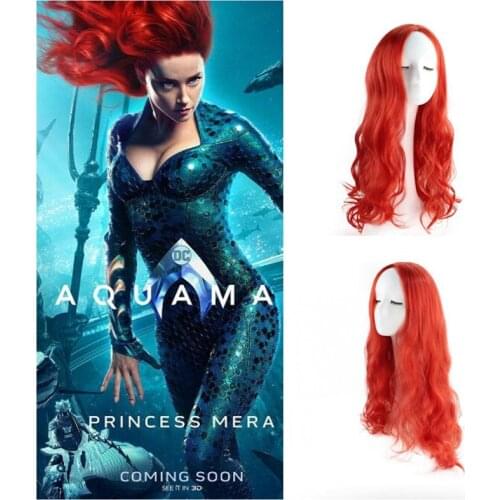 Aquaman Mera Cosplay Wig American Anime Movie 60cm Long Curly Wavy Heat Resistant Synthetic Hair Women Costume Party Wig Red