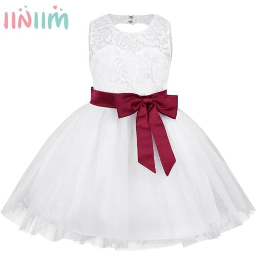 Infantil Baby Girls Sleeveless Bowknot Lace Flower Girls Dress Newborns Princess Dress Baptism Wedding Birthday Party Tutu Dress