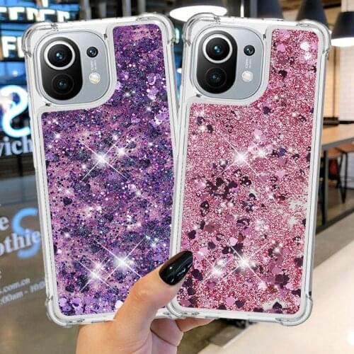 Shockproof Glitter Liquid Silicone Case For Xiaomi Mi 11 mi11 Coque Dynamic Quicksand Star Love heart Crystal Clear Cover
