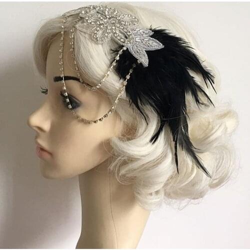 Retro Feather 1920s Headpiece Flapper Chain Hairband Great Gatsby Headband for Ascot Race Women Party