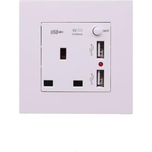 UK Standard Socket Two USB Socket with ON/OFF Switch White PC Panel UK Wall Power Socket Wall Outlet