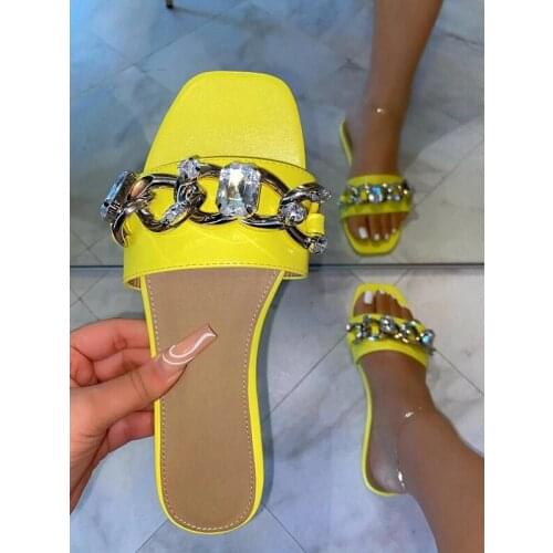 2021 Summer New Style Flat Sandals Fashion Rhinestone Chain Womens Shoes Open Toe Slippers Outdoor Plus Size 42