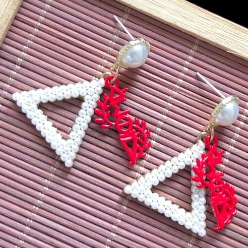 Hand Made Greek Sorority Simple Fashion Triangle Letter Pendant Charm Pearl Earrings Lady Jewelry