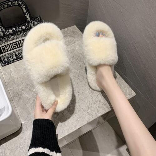 Autumn Winter Warm Fluffy Slippers For Women Soft Comfort House Slides Open Toe Indoor Flat Sandals Female Flip Flops Size 42