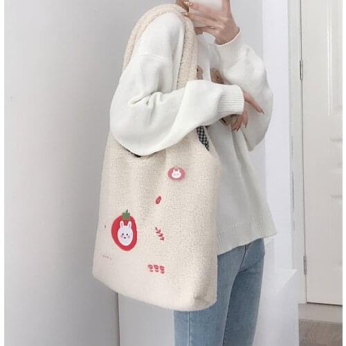 Women Plush Shoulder Bag Lamb Like Fabric Handbag Soft Cotton Canvas Tote Large Capacity Shopping Bags Cute Book Bags For Girls