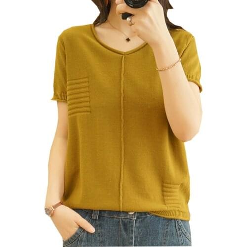 LJSXLS Short Sleeve V Neck Sweater Women Summer Pullover Top Soft Female Jumper Thin Loose Sweaters Pull Femme 2021 Jersey Mujer
