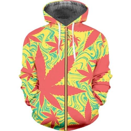IFPD EU Size Mans 3d Maple Leaf Cool Print Zipper Hoodies Colorful Leaves Sweatshirts Casual Hiphop Weeds Streetwear Pullover