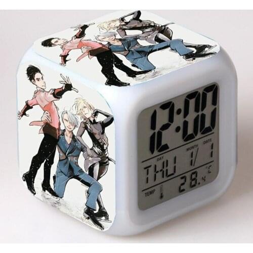Yuri on ice anime Cartoon LED 7 Color Flash Digital Alarm Clocks Kids Night Light Bedroom Desk Clock despertador