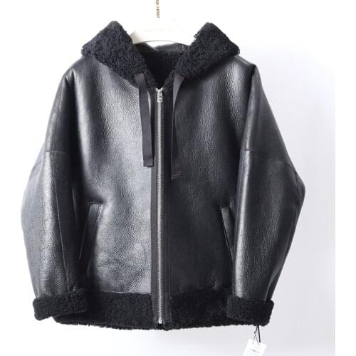 MENINA BONITA 2021 Double Faced Fur Winter Jacket Women Hood Coat Genuine Leather Natural Merino Sheep Fur Outerwear Locomotive
