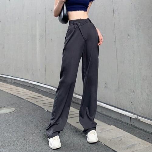 Women Pants Dark Suit-Pants Dark Gray Asymmetrical High Waist Wide Leg Loose Straight Long Pant 2021 Autumn New Casual Trousers