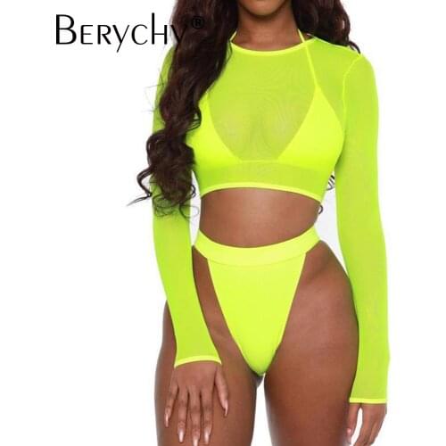 3 Piece Neon Green Bikini 2021 Swimsuit Women Sexy Long Sleeve Swimwear Women High Waist Bikini Set High Cut Bathing Suit