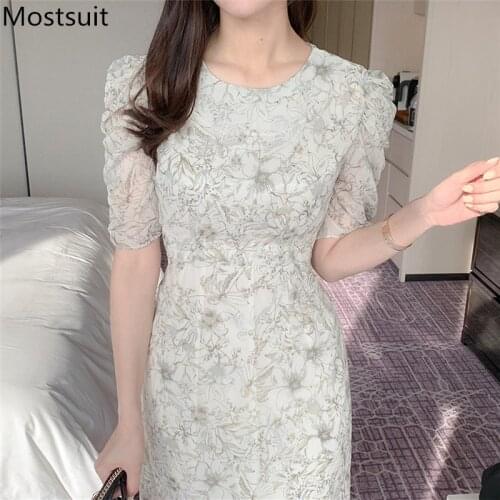 2021 Summer Printed Chiffon Women Dress Puff Sleeve O-neck Belted Dresses Elegant Vintage Ladies Vestidos Femme