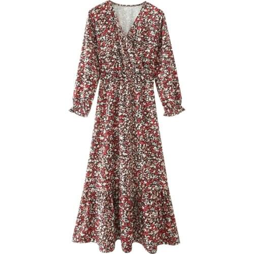 New Women Vintage Floral Printed Dress Long Sleeves V-Neck Elegant Chic Lady Maxi Boho Dresses Woman Robe