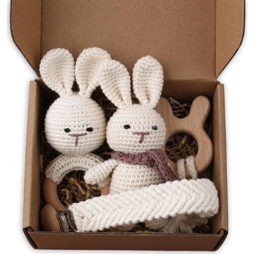 1 Set Baby Pacifier Rattle and Clips Holder Set Wooden Rabbit Hand Grip Shaking Toys Set Safe Braided Pacifier Teething Ring