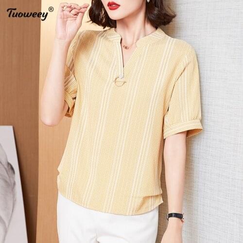 2021 New Summer style Middle Aaged Women Korean Chiffon O-Neck Blouse Tops Female striped Fashion Loose Plus Size 4xl Shirt
