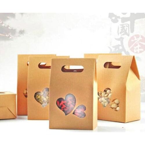 25pcs 100x155mm Folding Kraft Paper Handle Box Natural Kraft Paper Gift Packaging Box Party Paper Heart Window Box