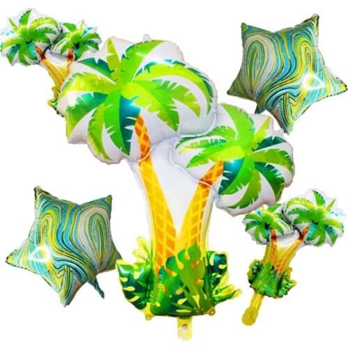 5 pcs Palm Trees Giant Foil Balloons Kit,2 Pcs 18 Inch Agate Star & 2 pcs Mini Palm Tree Balloons for Hawaiian Luau Party
