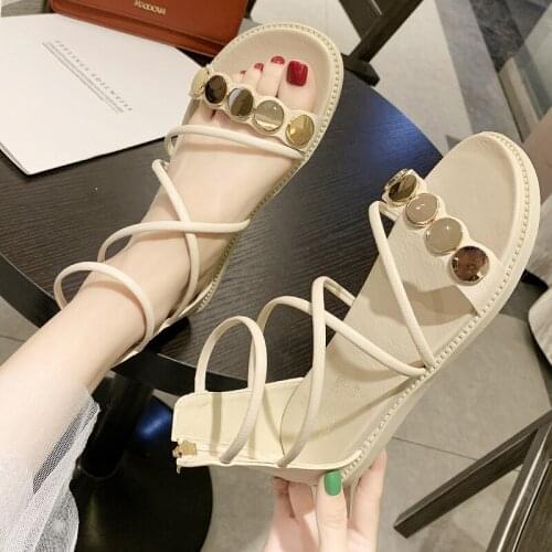 Sandals female fairy style 2020 summer new sequined net red wild strap flat student ins tide roman shoes