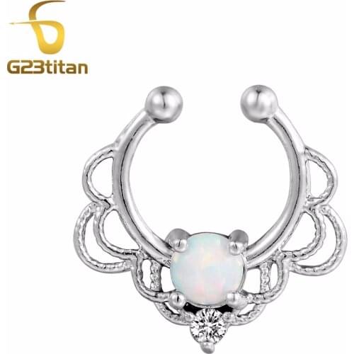 G23titan Opal Fake Nose Ring Silver Color Crystal Septum Nose Hoop Ring Non Piercing Body Jewelry Drop Shipping