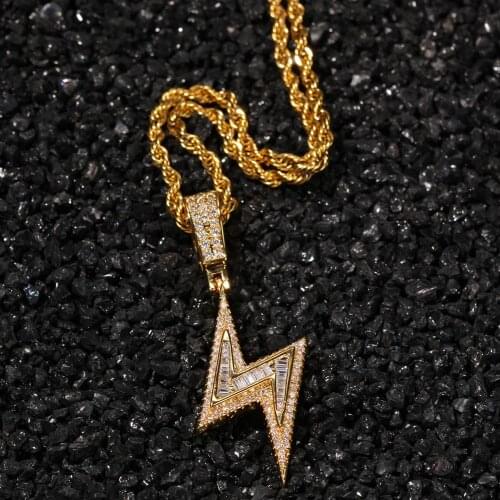 Micro Paved AAA Cubic Zirconia Bling Iced Out Lightning Pendants Necklace for Men Hip Hop Rapper Jewelry Gold Color