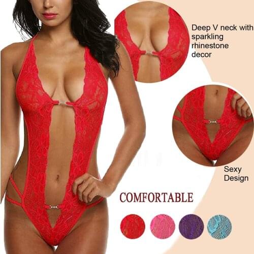 Fashion Womens Deep V-sleeve Sexy Lingerie Bodysuit Suit Lace Hollow Temptation Underwear Jumpsuit Panty G-string Lingerie Set