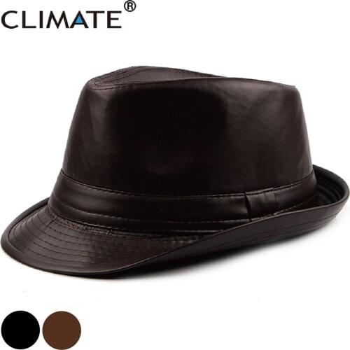 CLIMATE Men PU Fedora Jazz Hat Formal Hats for Man Men Solid Warm Fedoras Cap Black Coffee PU Leather Cap Hats Fedora Men Hat