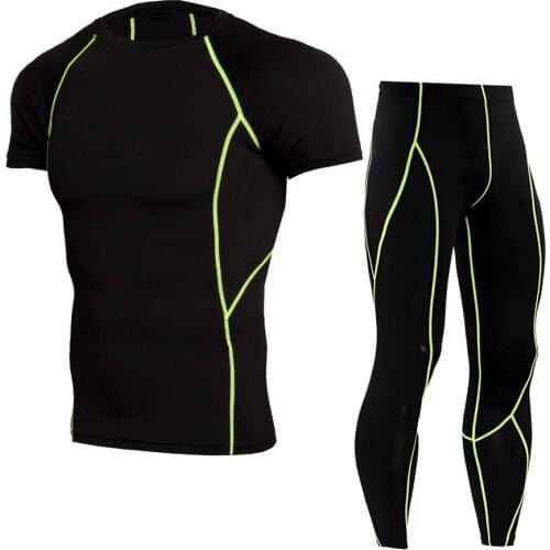 Mens Compression Shirt Pants Set Workout Fitness Sportswear Bodybuilding Tight Short Sleeves Shirts Leggings Sport Suit Set 2