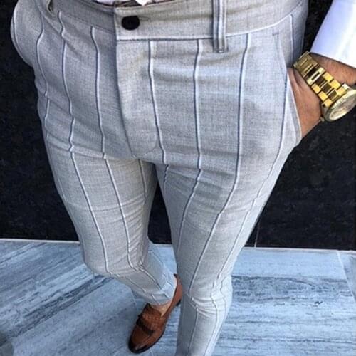 Autumn Mens Fashion Striped Pants Casual Slim Fit Business Long Trousers Male Cotton Blend Party Button Streetwear Pencil Pants