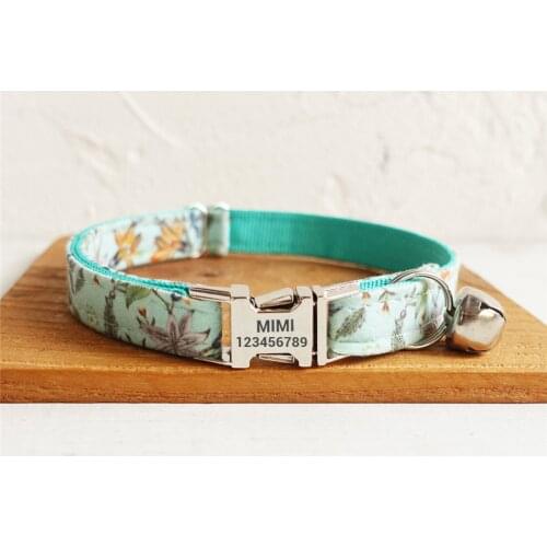 Cat Collar Personalize Quick Release Safety Small Dog Collar Designer Cat Collar with Bell Metal Buckle Durable Floral Turquoise
