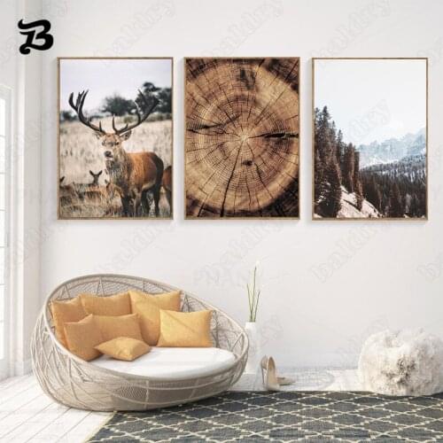 Stunning Natural Scenery Pictures Animals Deer Mountain Wood Annual Ring Poster Nordic Wall Art Canvas Painting for Living Room