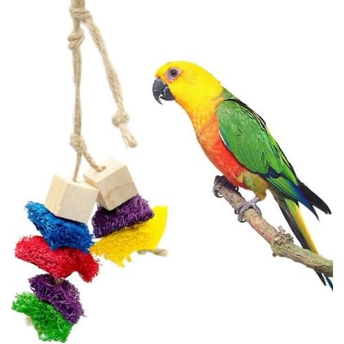 Bird Chewing Toy Natural Wood Blocks Hemp Rope Bird Cage Toy Parrot Hanging Toy Colorful Toy Parrot Cage Decor Toy Bite Toy