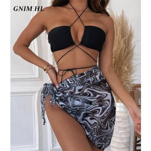 GNIM Sexy Solid Black Swimwear Women Three-Pieces Bandage String Bikini Mujer 2021 Summer Beachwear Cover Up Thong Swimsuit New