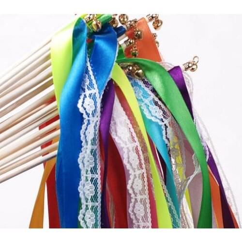 Fairy wand Lace satin ribbon streamers wedding wish magic wands wood stick bells confetti party christmas prop decor supply gift