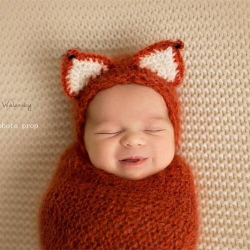 Knitted Baby Animal Bonnet and Wrap Set Crochet Baby Swaddle Cocoon Fox Hat Infant Hat Neborn Outfit Photography Props