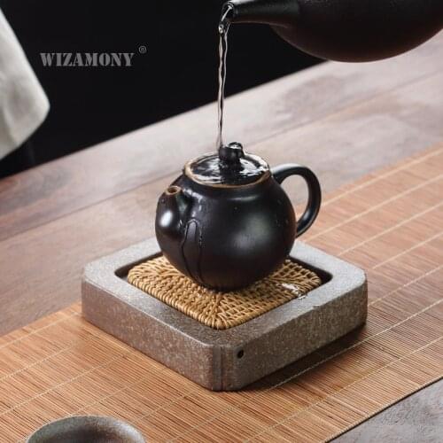 WIZAMONY Japanese-style coarse pottery pot holder handmade rattan dry bubble tray tea pad tea tray tea table water storage small