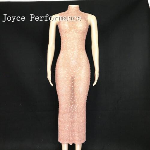 Bright Rhinestones Mesh Printed Long Dress Evening Female Singer Performance Dress Evening Birthday Prom Celebrate Costume