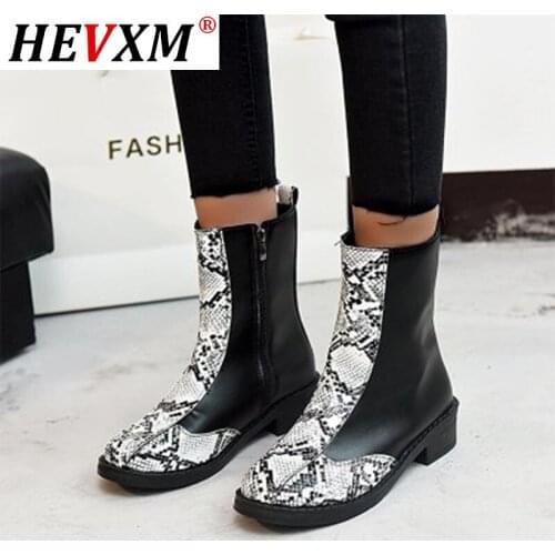 Women Snake Print Punk Ankle Boots Woman Leather Zip Low Heels Ladies 2020 Pumps Womens Footwear Female Shoes Plus Size